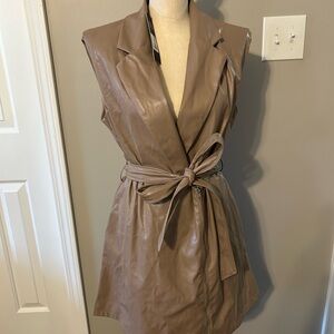 Fashion Nova Taupe Faux Leather Sleeveless Belted Vest